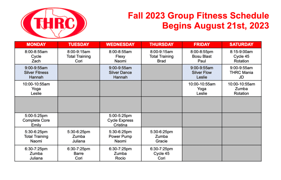 September 2023 Fall Fitness Schedule