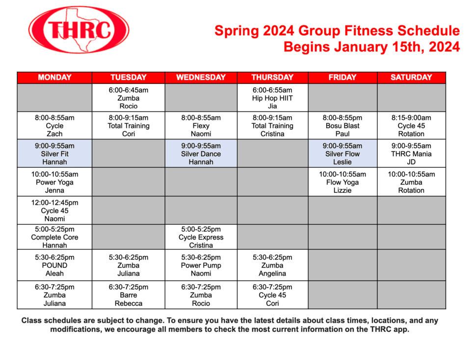 January 2024 Spring Fitness Schedule
